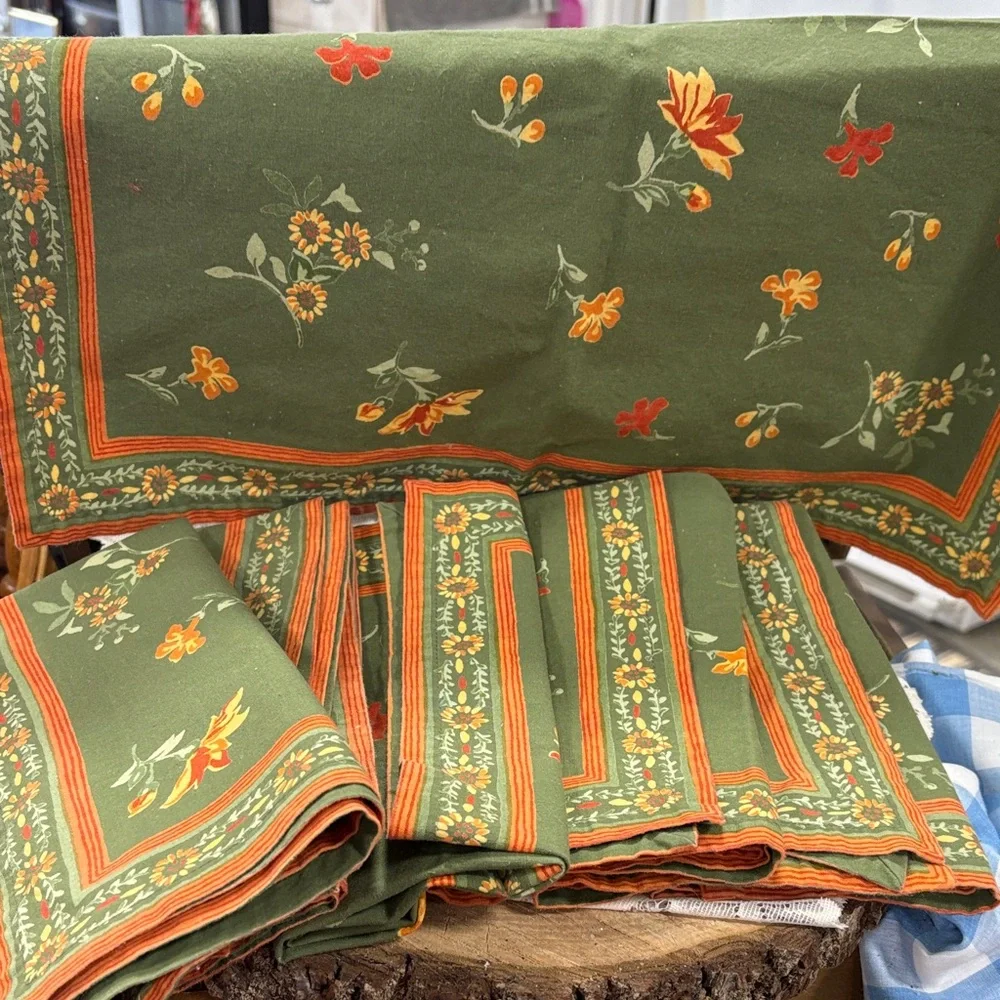 Floral Green and Orange Cloth Napkins
